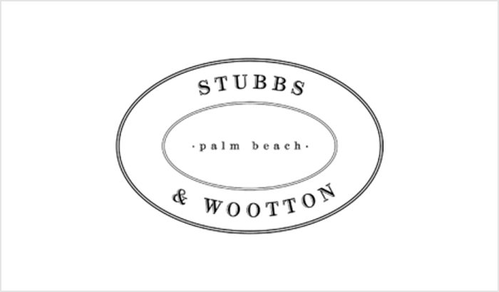 Monochrome oval logo with 'Stubbs & Wootton' and 'palm beach.' text.