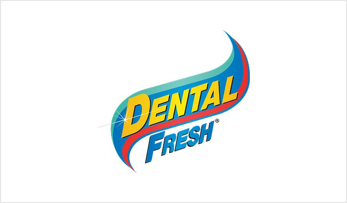Logo for Dental Fresh toothpaste brand with blue and yellow colors.