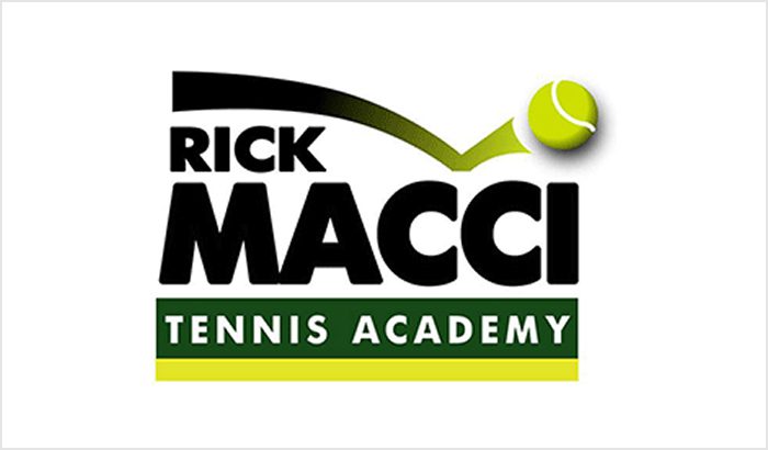 Logo of Rick Macci Tennis Academy with a tennis ball and racket design.