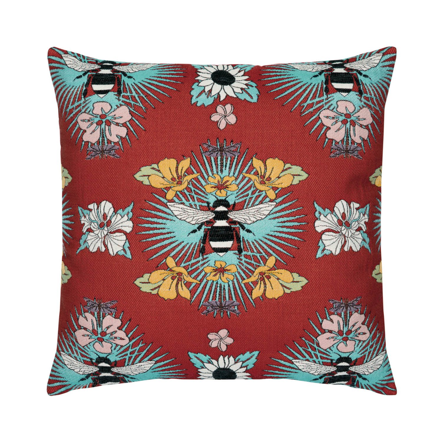 Decorative pillow with vibrant bee and floral patterns on a deep red background.
