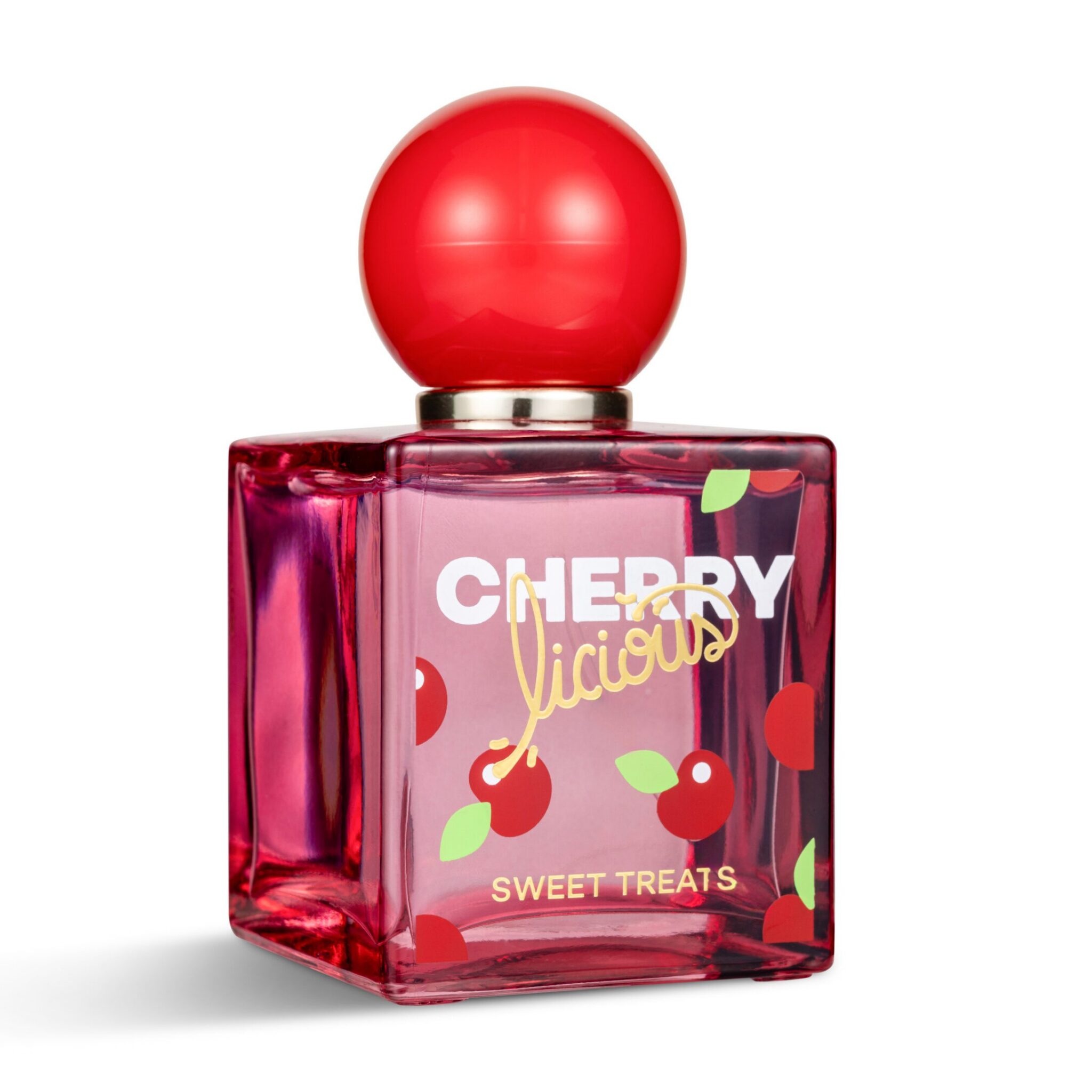 A vibrant pink perfume bottle labeled 'CHERRY Vicious' with a red spherical cap.